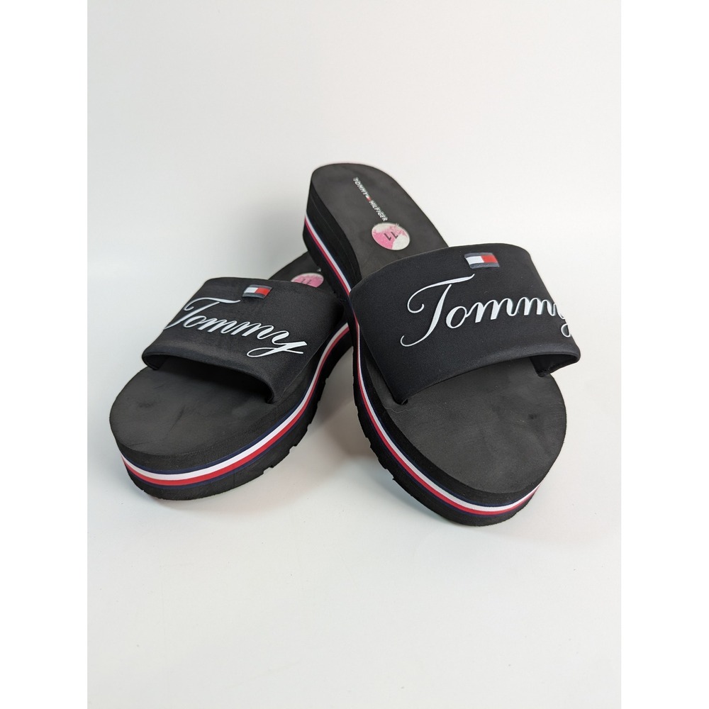 Tommy Hilfiger Womens Platform Slide Sandals Black Script Logo Stripes Size 11